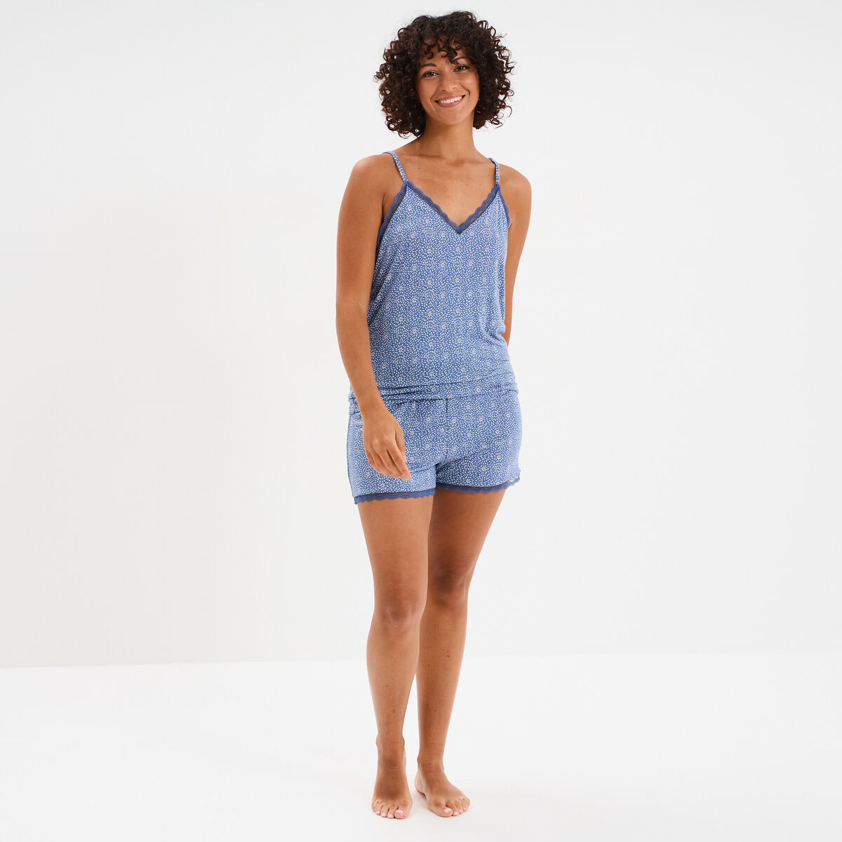 Bas de pyjama short détails dentelle bleu gris femme