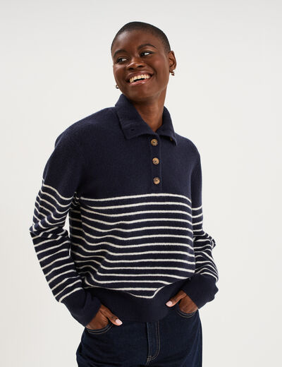 Pull col camionneur manches longues bleu marine femme