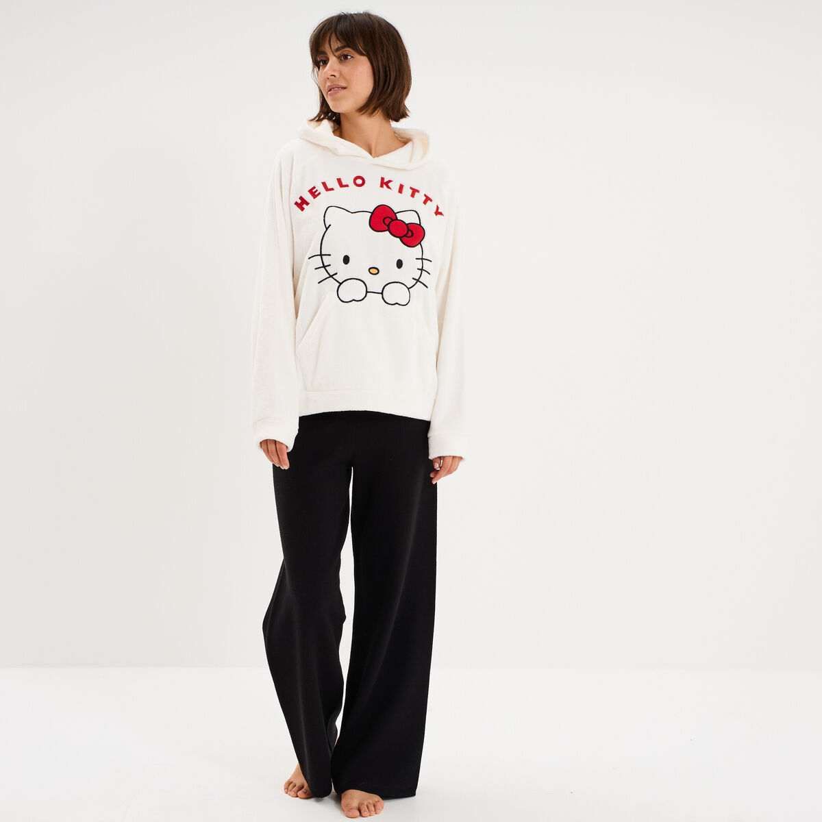 Sweat effet velours 1 poche Hello Kitty blanc femme