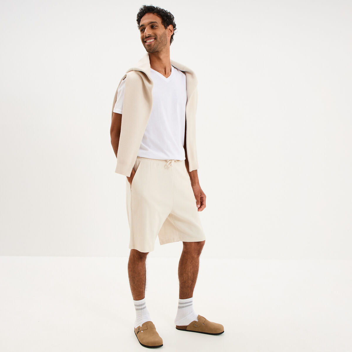 Bermuda textur&eacute; coupe droite coton ecru homme