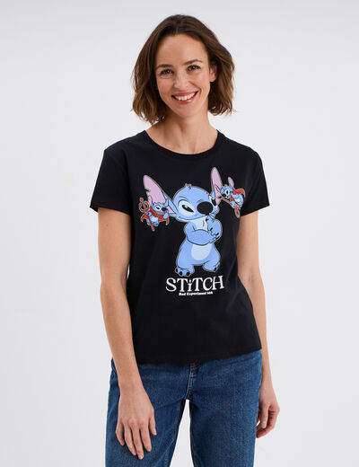 T-shirt manches courtes coton Stitch noir femme