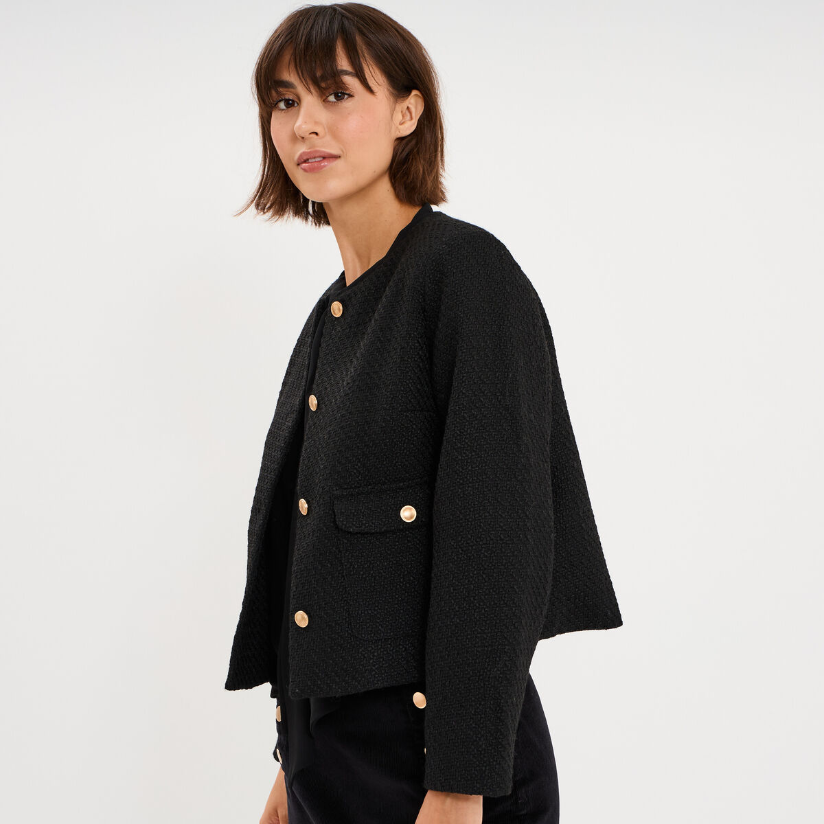 Veste droite boutonn&eacute;e tweed&eacute;&eacute; noir femme