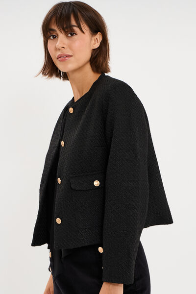 Veste droite boutonn&eacute;e tweed&eacute;&eacute; noir femme