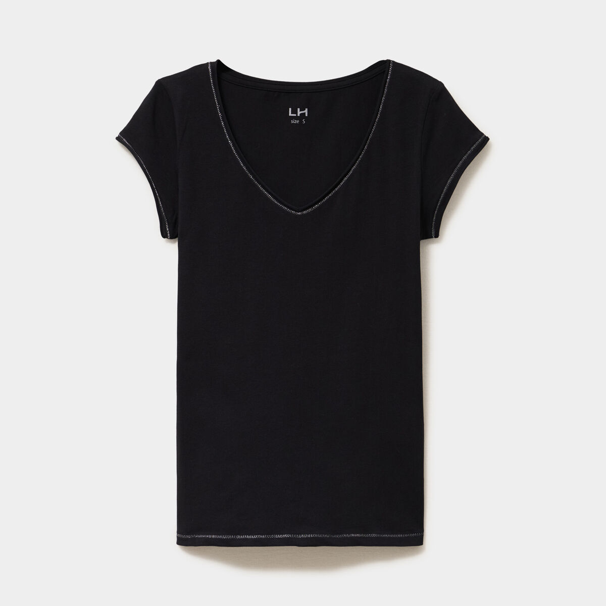 T-shirt col V ajust&eacute; manches courtes noir femme