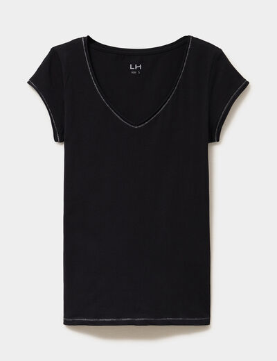 T-shirt col V ajust&eacute; manches courtes noir femme