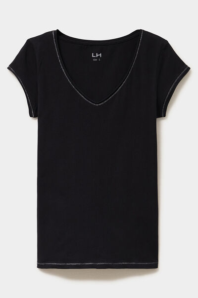 T-shirt col V ajust&eacute; manches courtes noir femme