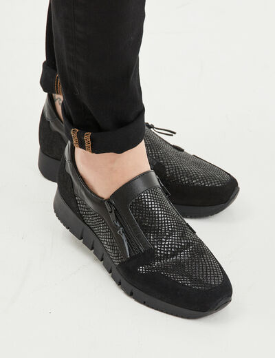 Baskets zippées en cuir pied large noir femme
