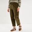 Pantalon taille haute velours 7/8&egrave;me vert kaki femme