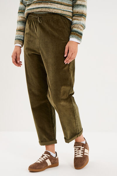 Pantalon taille haute velours 7/8&egrave;me vert kaki femme
