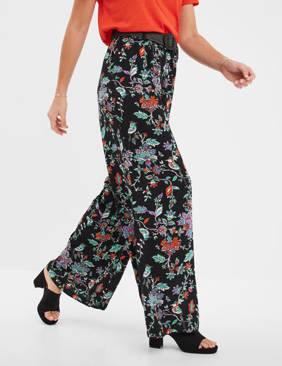 Pantalon large fluide avec ceinture noir femme