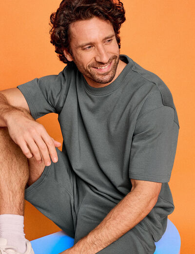 T-shirt col rond droit relax fit vert kaki homme