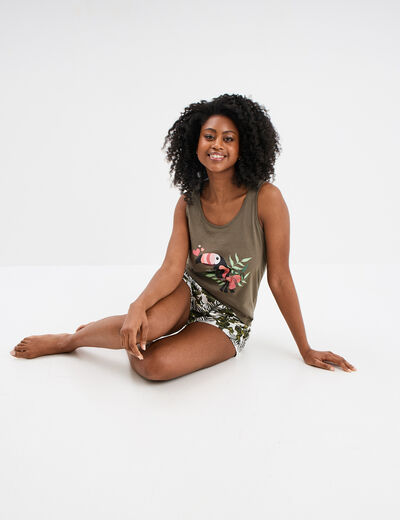 Ensemble pyjama short débardeur coton vert kaki femme