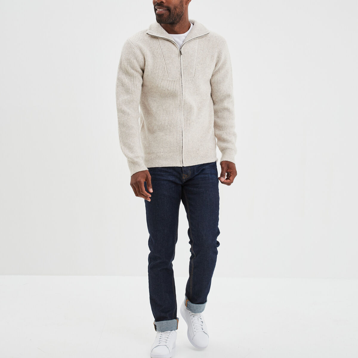 Gilet col camionneur zippé côtelé beige homme