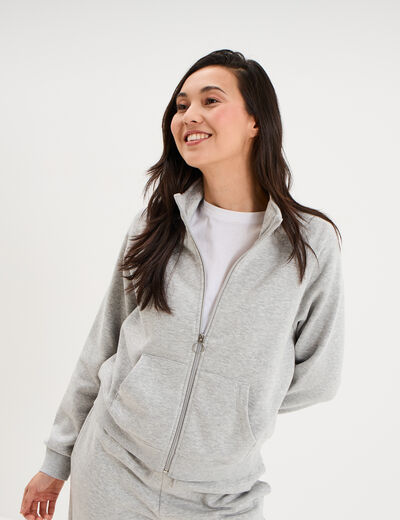 Sweat zipp&eacute; molleton col montant gris clair femme