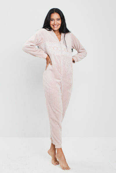 Combinaison pyjama à capuche rose clair femme