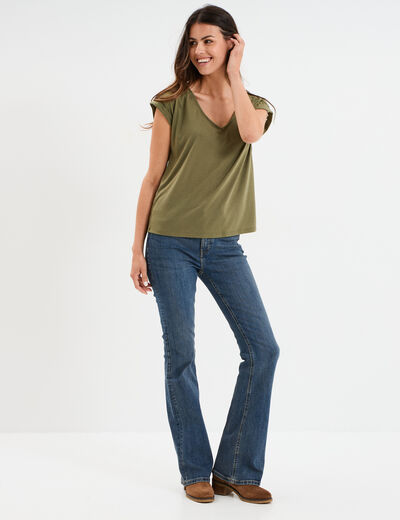 T-shirt col en V dentelle épaules et dos vert kaki femme