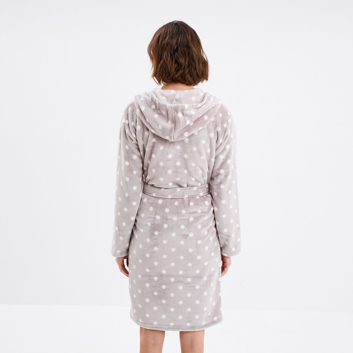 Peignoir long effet polaire à capuche gris femme