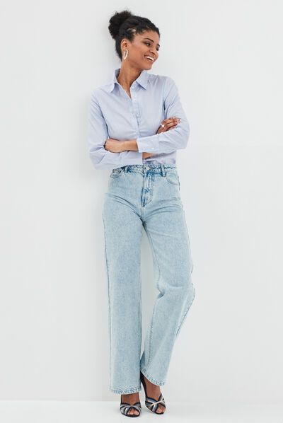 Jeans wide leg taille haute coton denim double stone femme