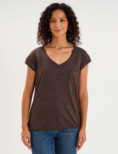 T-shirt col v poche poitrine marron fonc&eacute; femme