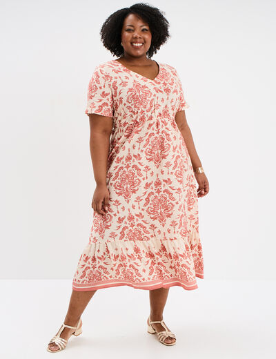 Robe longue col en V et manches courtes ecru femme grande taille