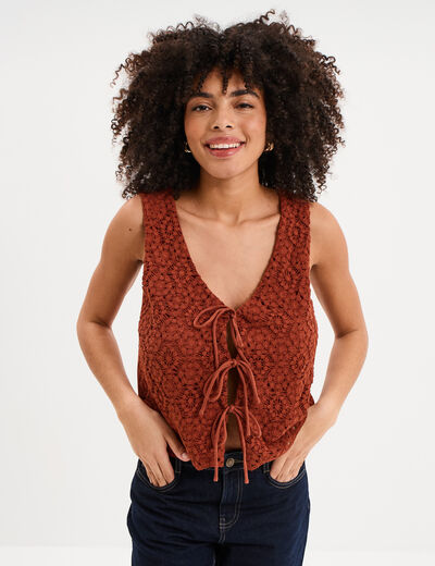 D&eacute;bardeur nou&eacute; effet dentelle macram&eacute; camel femme