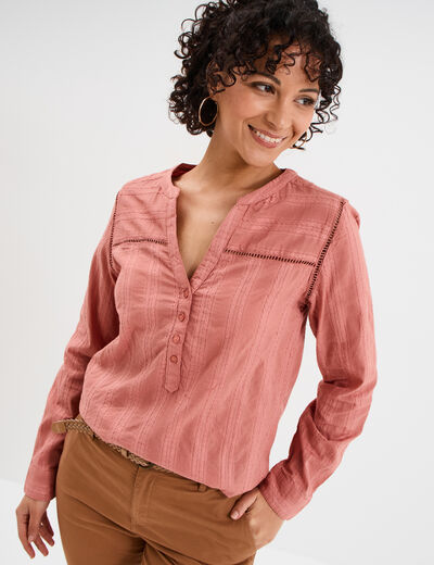 Blouse droite col mao coton vieux rose femme