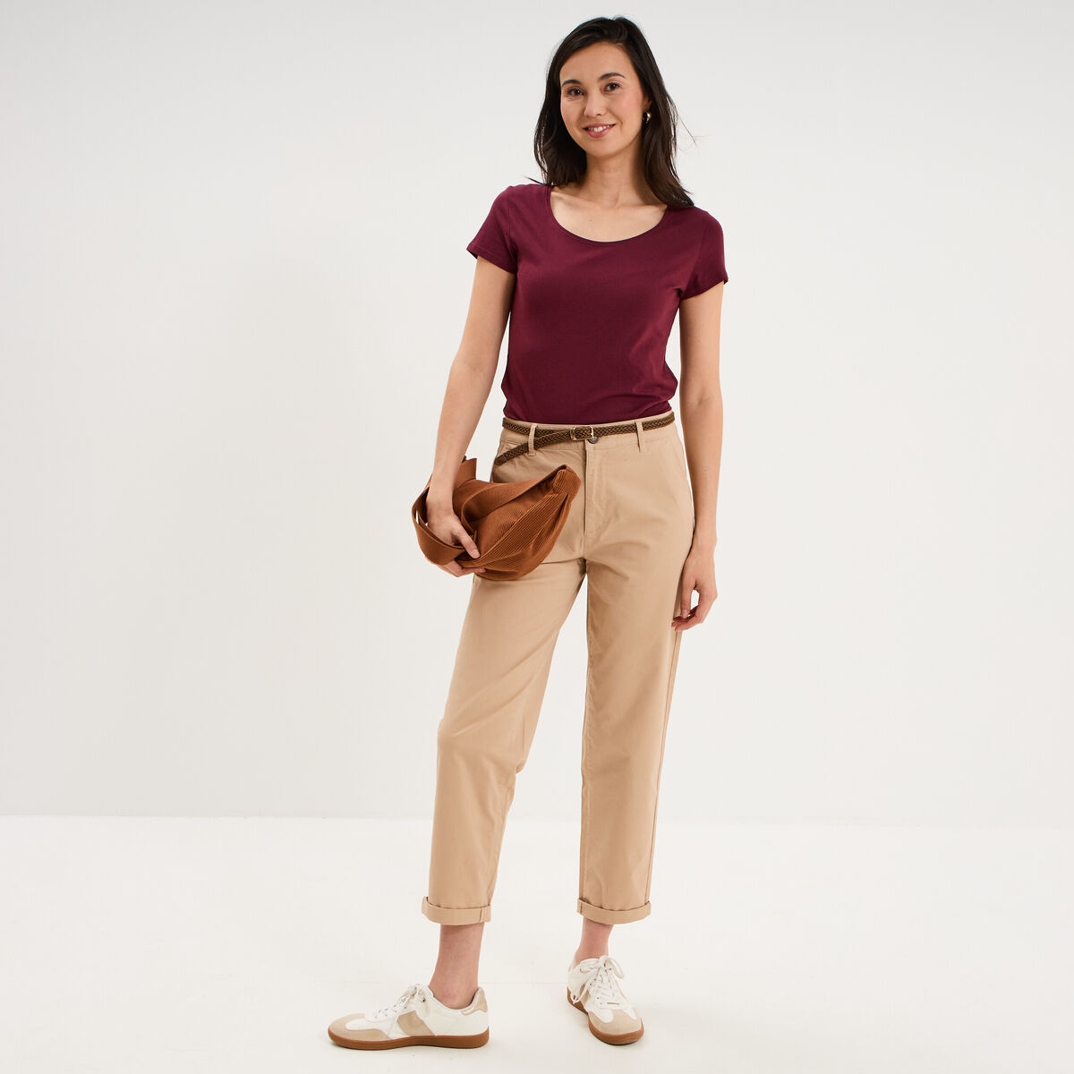 T-shirt coton col rond manches courtes bordeaux femme