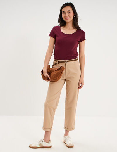 T-shirt coton col rond manches courtes bordeaux femme