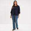 Blouse brod&eacute;e manches bouffantes 3/4 bleu fonc&eacute; femme grande taille