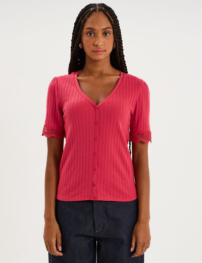 Blouse manches courtes col V dentelle rose cerise femme