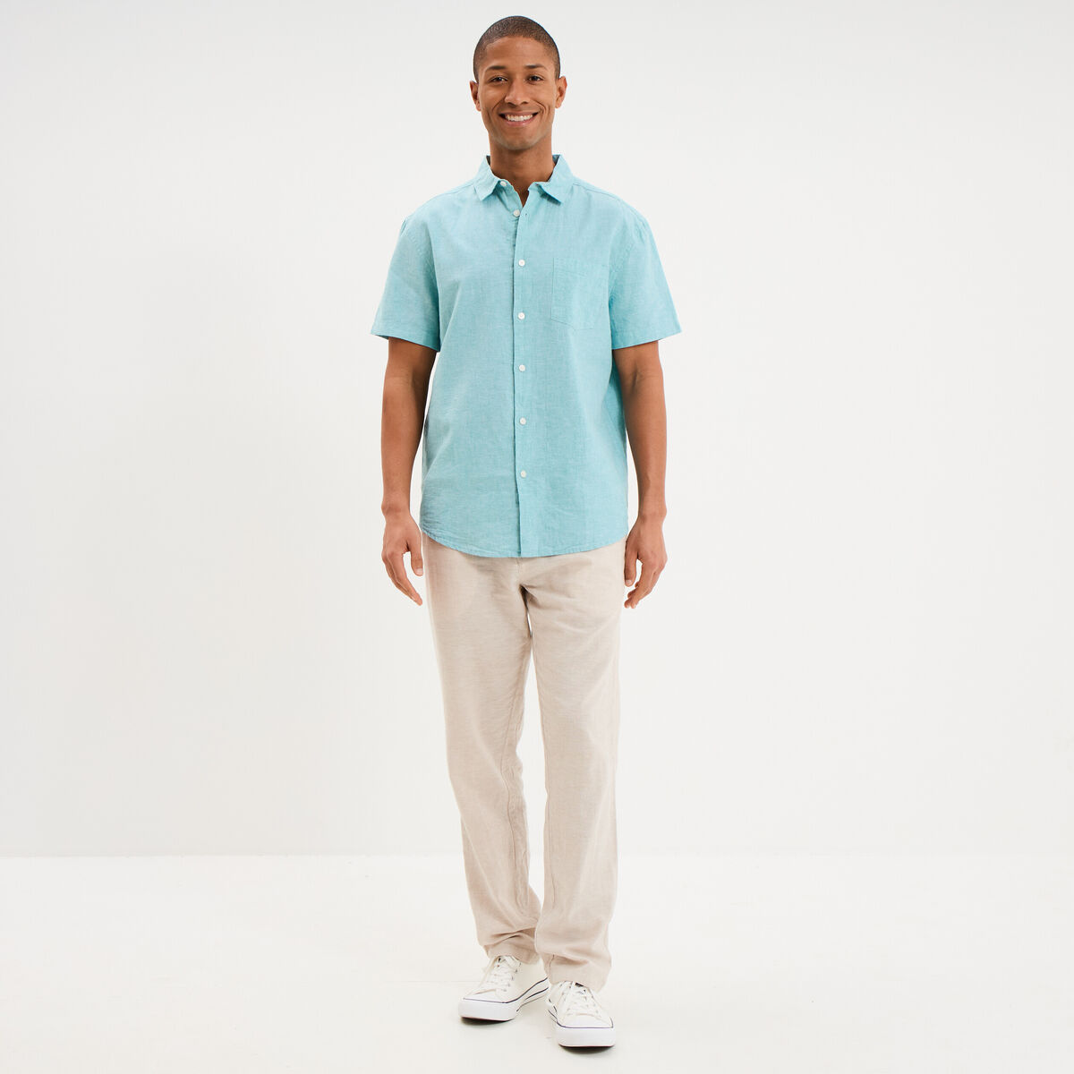 Chemise manches courtes lin m&eacute;lang&eacute; bleu turquoise homme