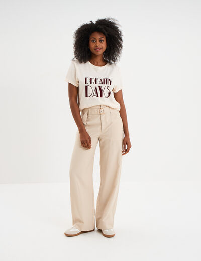 Pantalon large avec ceinture beige femme