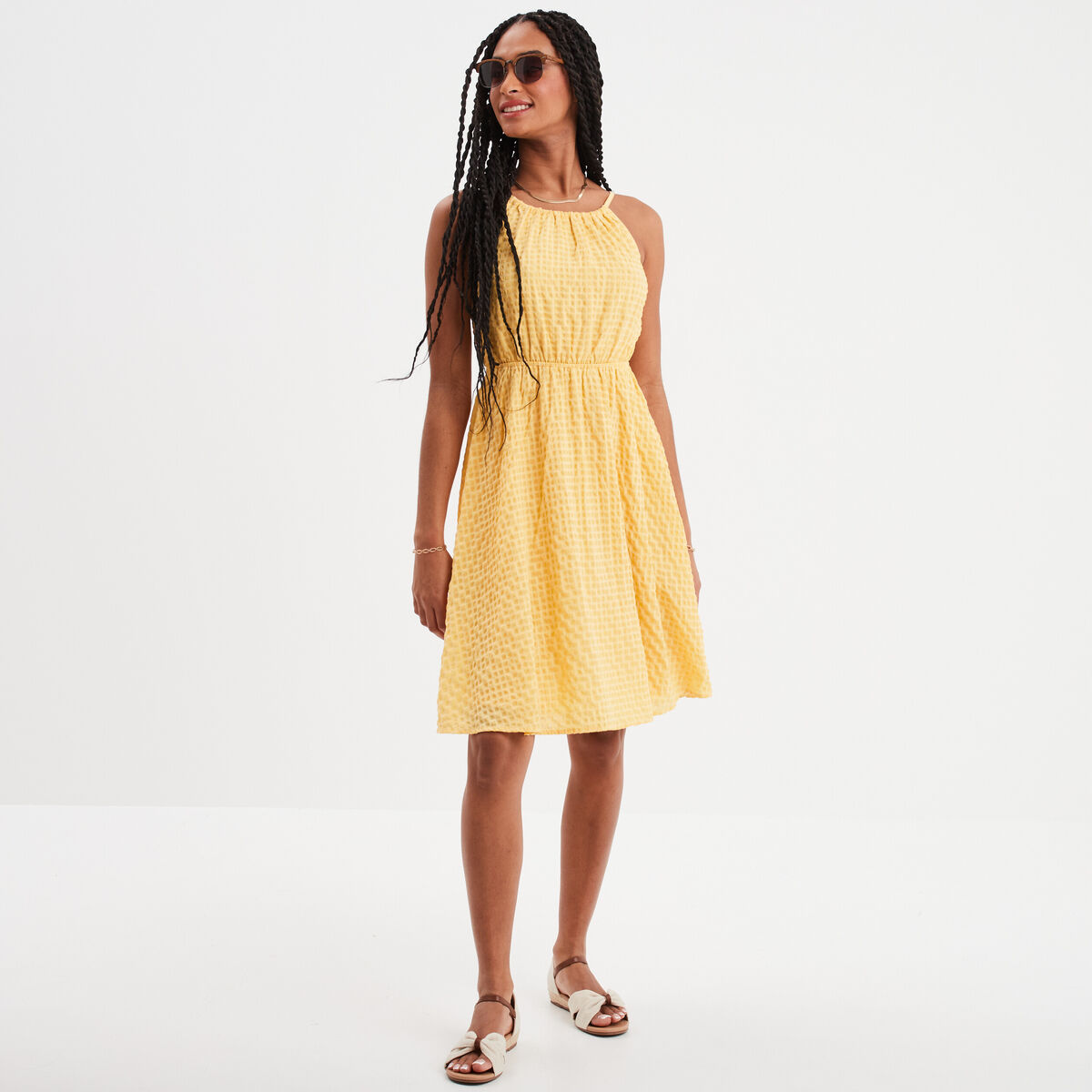 Robe longueur genou &eacute;vas&eacute;e &agrave; bretelles jaune clair femme