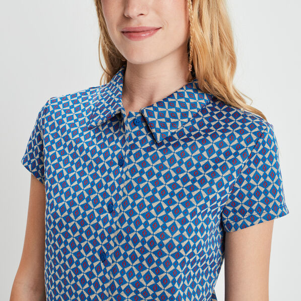 T-shirt cropped jacquard manches courtes bleu femme