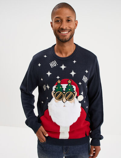 Pull de No&euml;l manches longues bleu marine homme