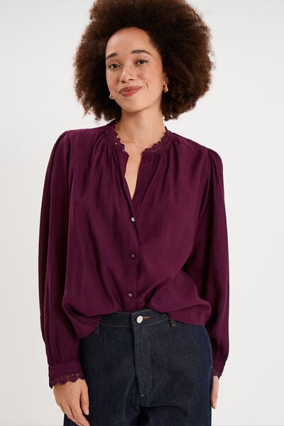 Blouse manches longues col dentelle violet fonc&eacute; femme