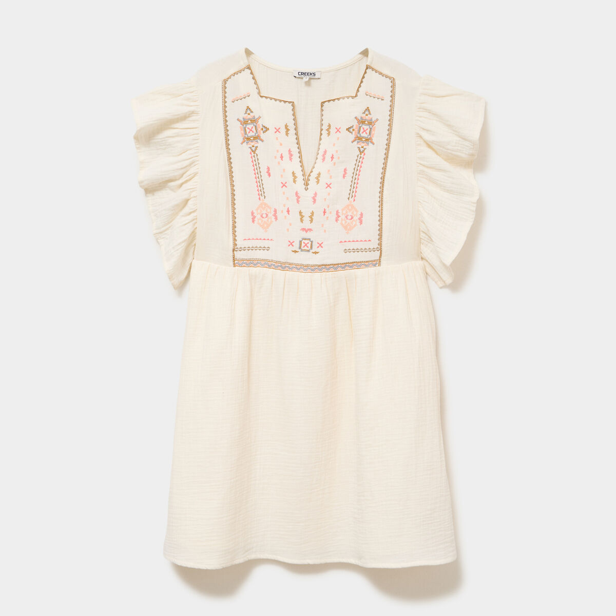Robe brod&eacute;e manches volants coton creme femme