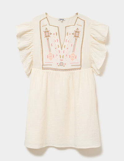 Robe brod&eacute;e manches volants coton creme femme