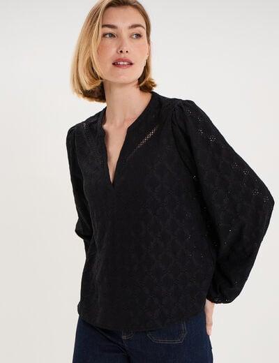Blouse broderie anglaise col tunisien noir femme