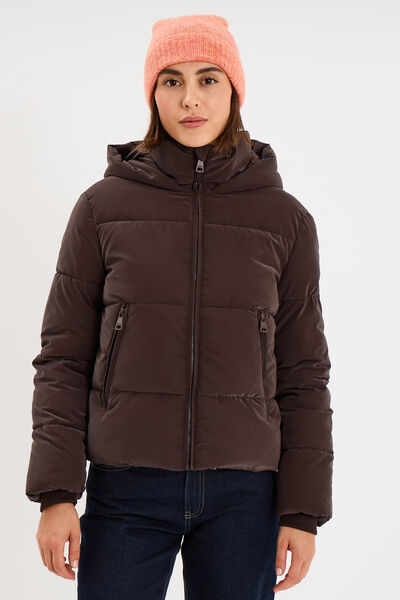 Doudoune courte imperm&eacute;able &agrave; capuche marron fonc&eacute; femme