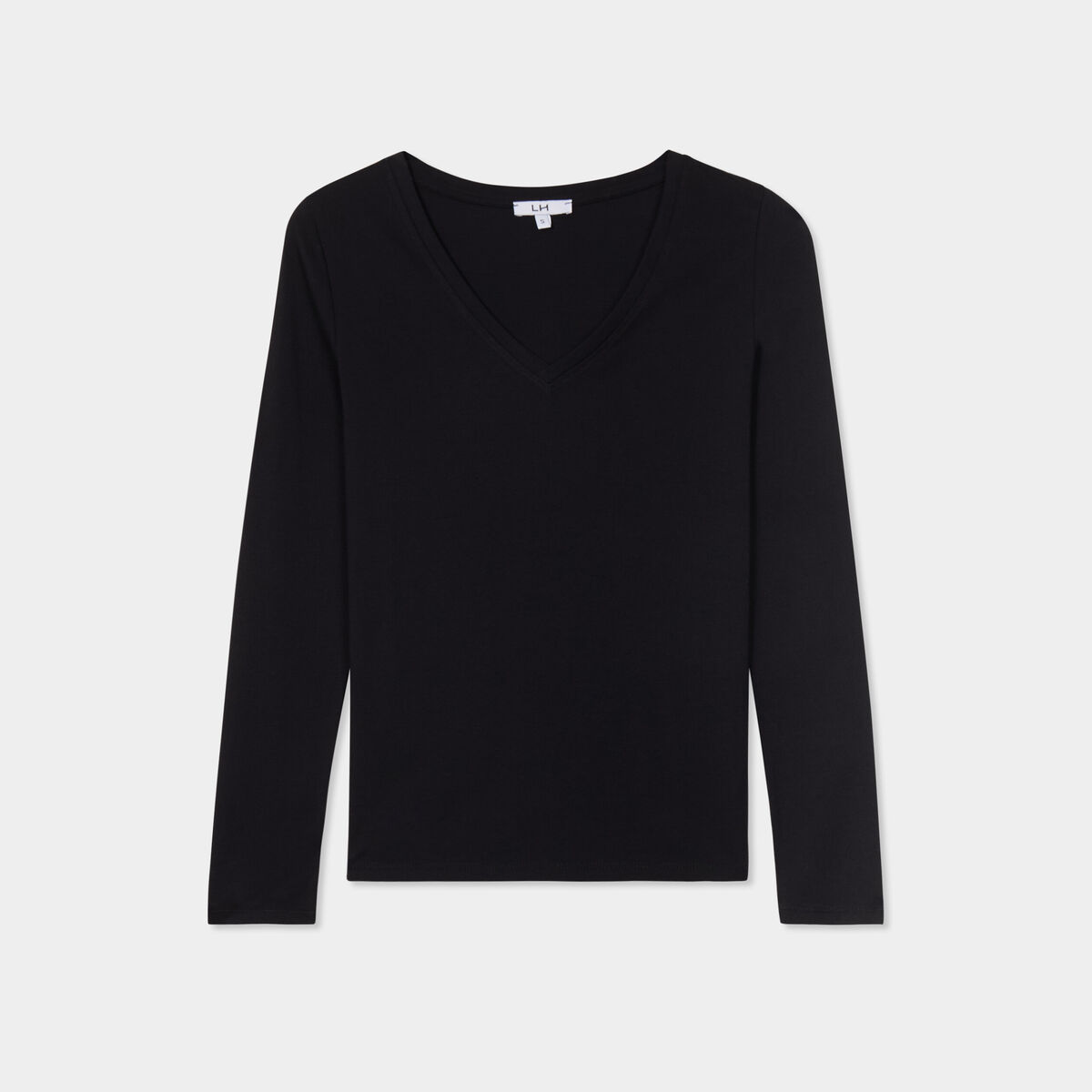 T-shirt col en V manches longues coton noir femme