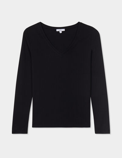 T-shirt col en V manches longues coton noir femme