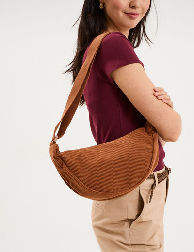 Sac banane effet velours c&ocirc;tel&eacute; camel femme