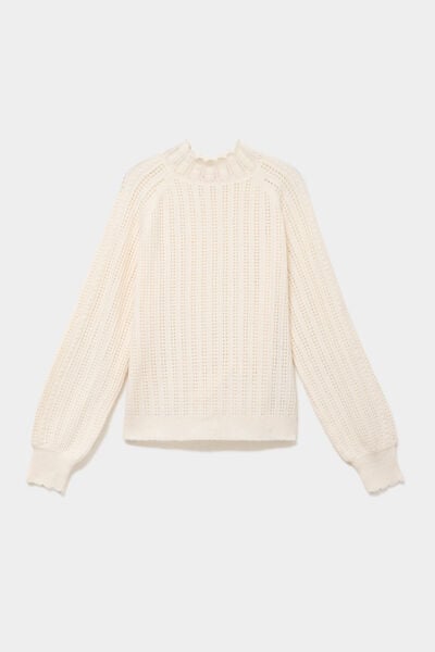 Pull col montant textur&eacute; manches longues blanc femme