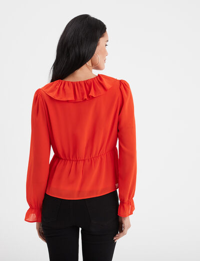 Blouse volantée col en V à cordons orange femme