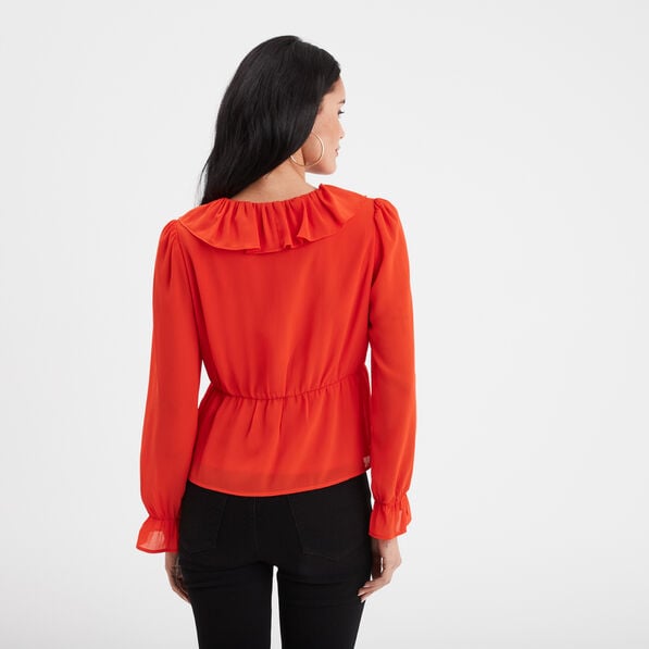 blouse volantee col en v a cordons orange femme Blouse volantée col en V à cordons orange femme