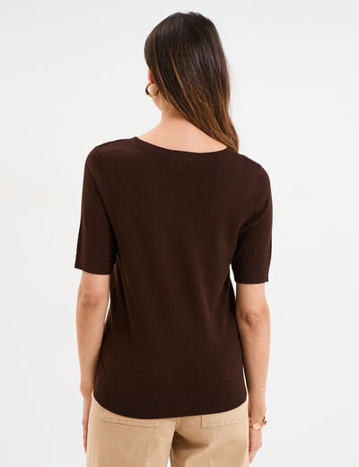 Pull manches courtes col rond marron foncé femme