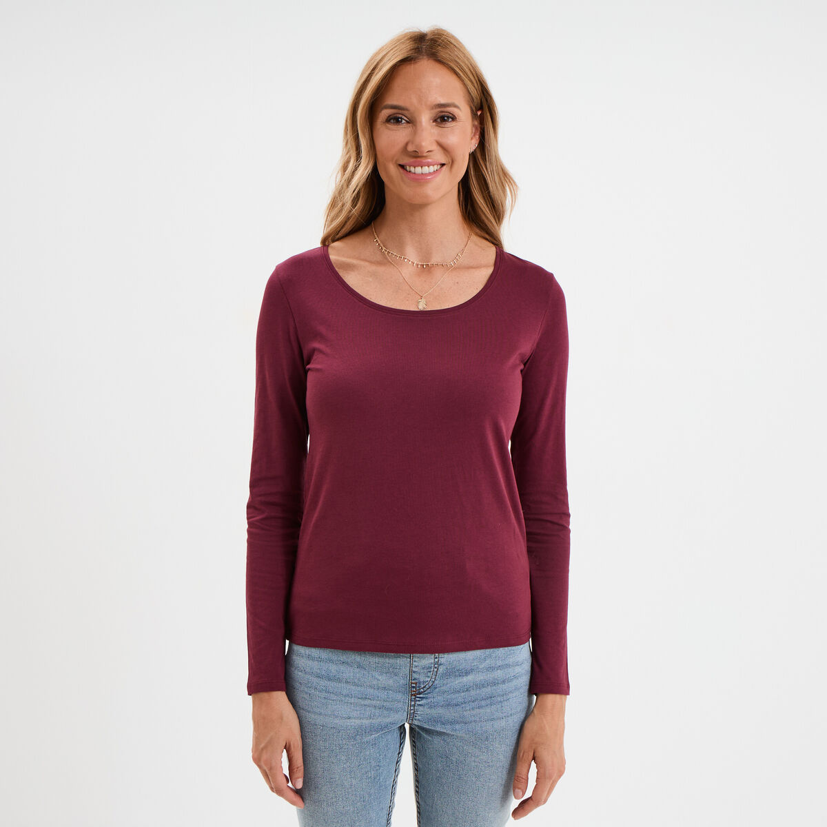 T-shirt coton col rond manches longues bordeaux femme