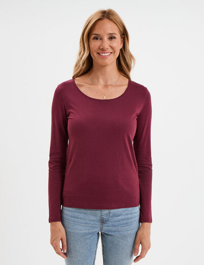 T-shirt coton col rond manches longues bordeaux femme