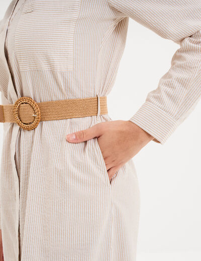 Robe chemise longue ceintur&eacute;e coton beige femme